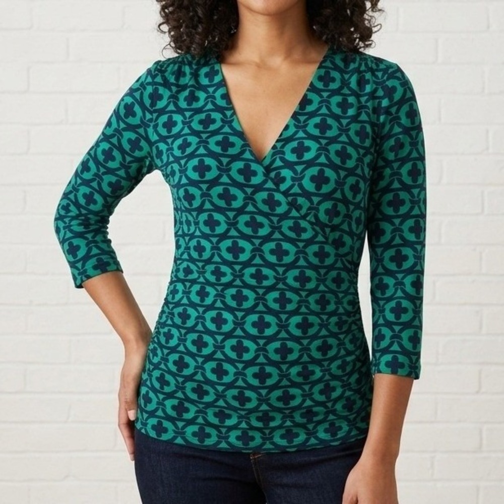 Boden Crossover Faux Wrap Jersey Knit Top Green Navy Geometric 3/4 Sleeve US 12